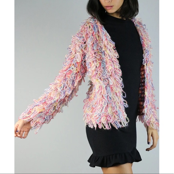 🏷️ SOLD Hayden Multi Color Fringe Yarn Loop Sweater Jacket - Picture 7 of 16